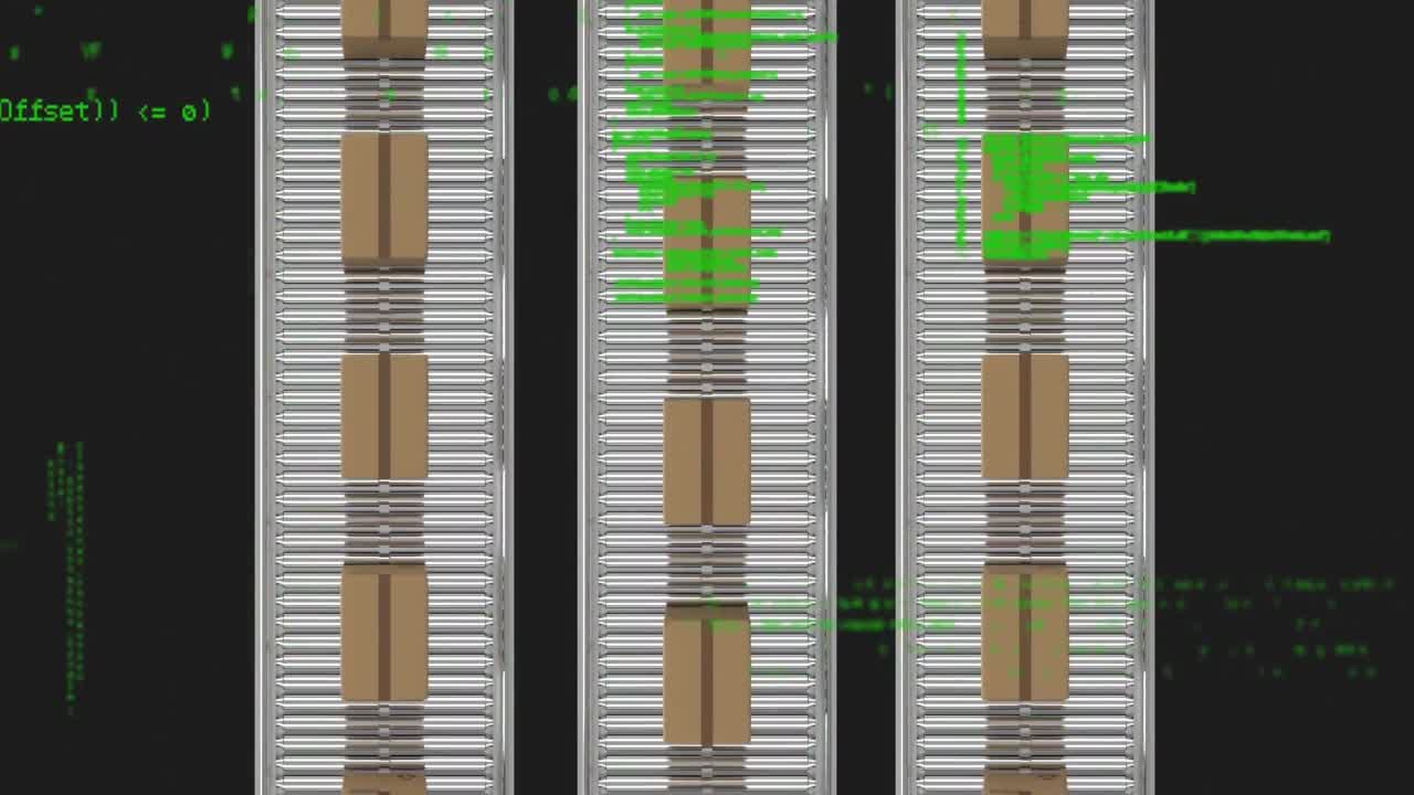 procesamiento de datos frente a la vista aérea de múltiples cajas de entrega en la cinta transportadora