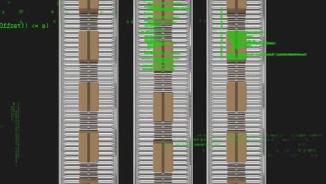 Data-processing-against-overhead-view-of-multiple-delivery-boxes-on-conveyor-belt