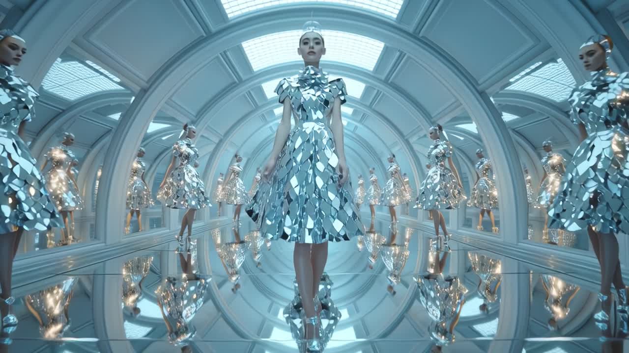 Silver dress fashion show in a mirrored hallway