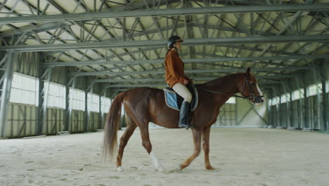woman riding a horse in an indoor equestrian arena