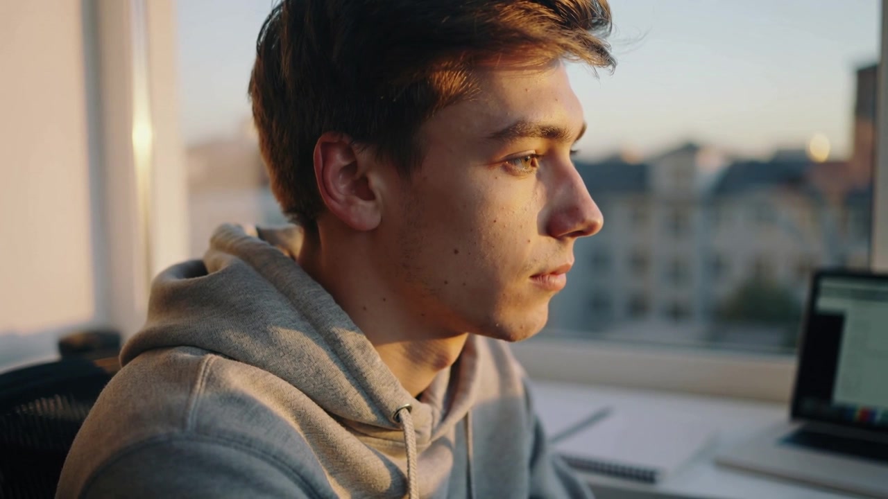 Uomo con lo sguardo che si sposta, che indossa una felpa grigia con cappuccio, seguendo la calda luce del sole verso una grande finestra, con un laptop nelle vicinanze.