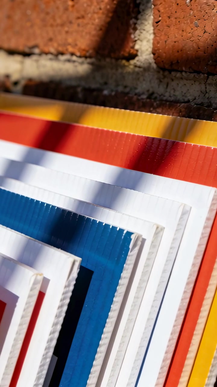 Video verticale: Telecamera che si inclina rivelando pannelli colorati impilati su un muro di mattoni con ombre del sole.