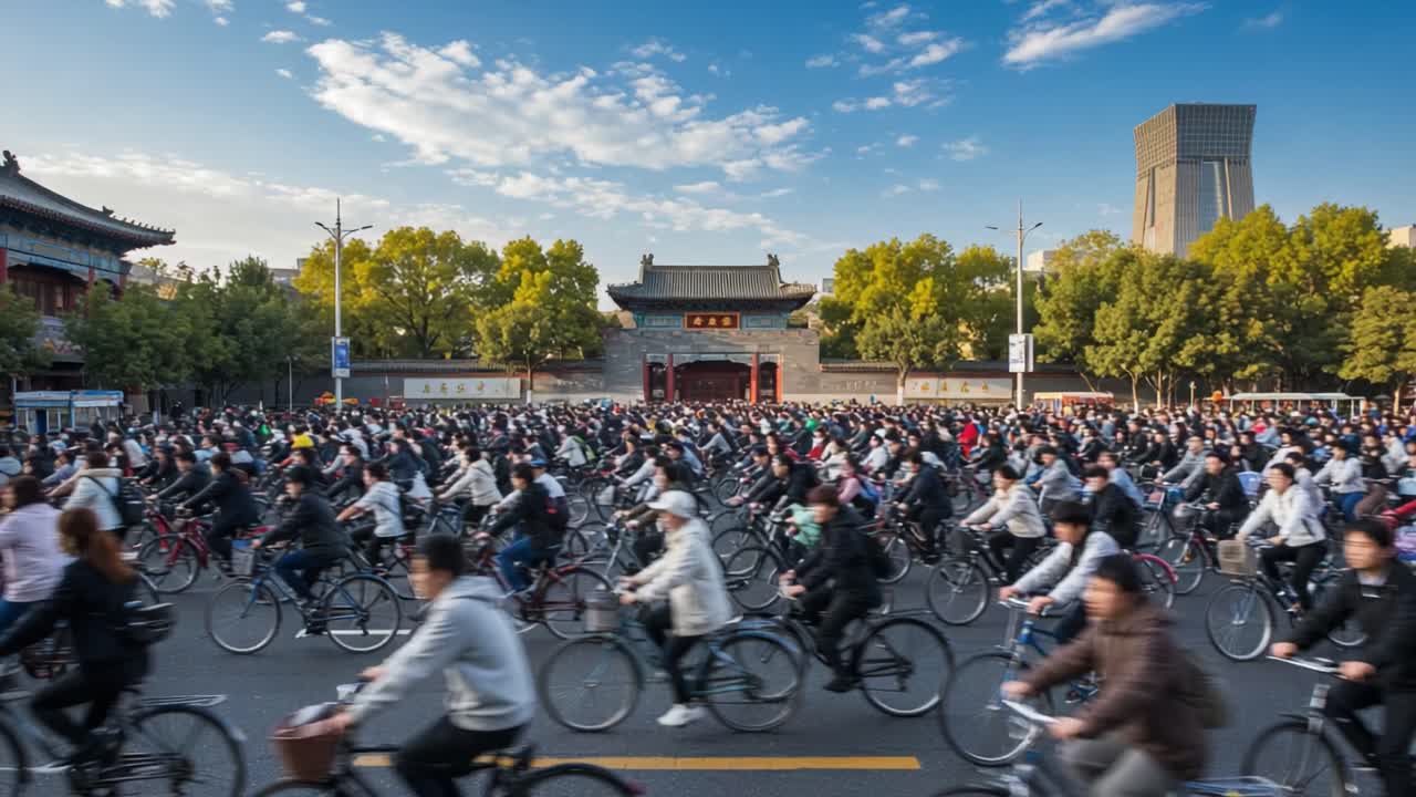 A Thriving Urban Scene with Hundreds of Cyclists Riding through a Historical Gateway, Captured in a Dynamic Perspective at Sunrise