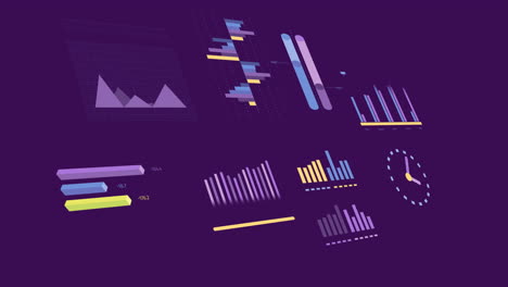 animación de estadísticas y procesamiento de datos financieros sobre fondo púrpura