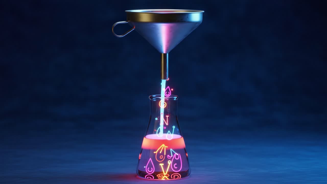 A Colorful Interaction of Light and Liquid: Dynamic Flow Through a Funnel into a Beaker with Illuminated Symbols Representing Chemical Reactions
