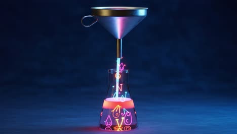 a colorful interaction of light and liquid: dynamic flow through a funnel into a beaker with illuminated symbols representing chemical reactions