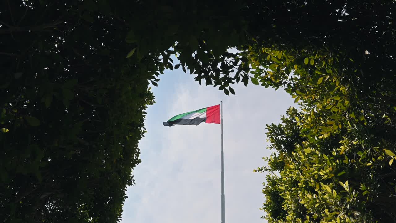 The UAE flag waves among greenery at Abu Dhabi Corniche, symbolizing a sustainable future in the United Arab Emirates