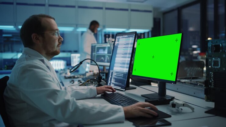 Modern Electronics Facility: Scientist, Engineer Works on Green Chroma Key Screen Computer. Design, Development of Industrial PCB, Silicon Microchips, Semiconductors, Telecommunications Equipment