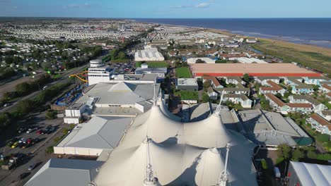 aerial drone footage of the famous butllins holiday camp based in the seaside town of skegness lancashire, uk