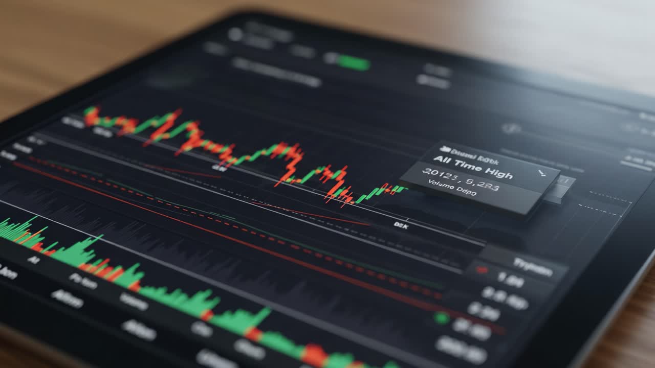 Analyzing Financial Trends: A Close-Up View of Stock Market Data on a Digital Display with a Focus on Achieving New All-Time Highs in Trading Performance