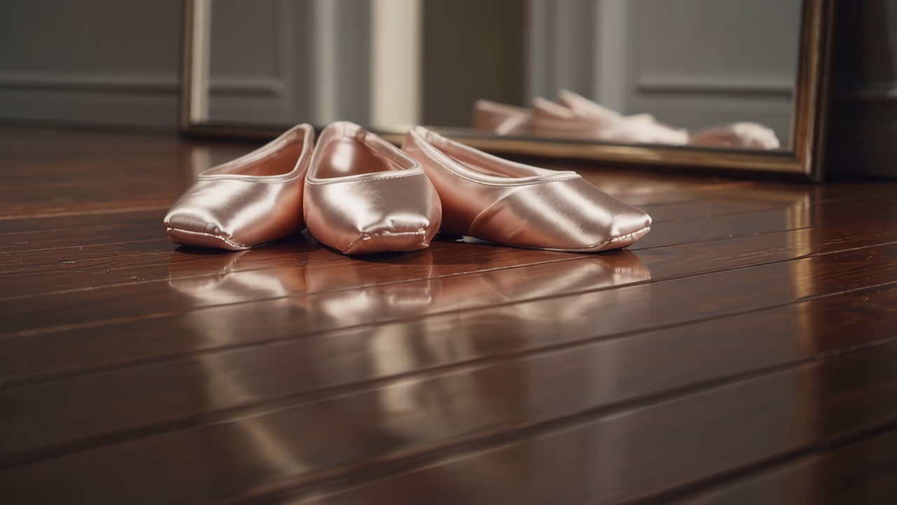 Pair of Pink Ballet Shoes on Wooden Floor