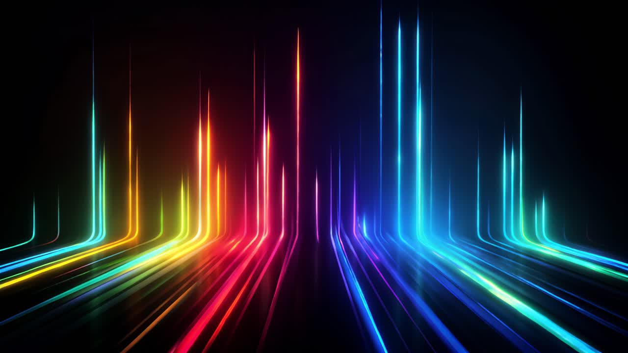 Vibrant neon light streaks in a futuristic style, captured from a low angle