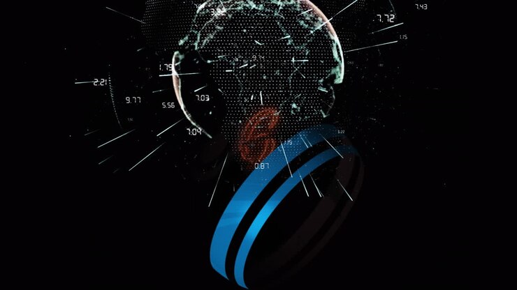 Animation of data processing over globe on dark background