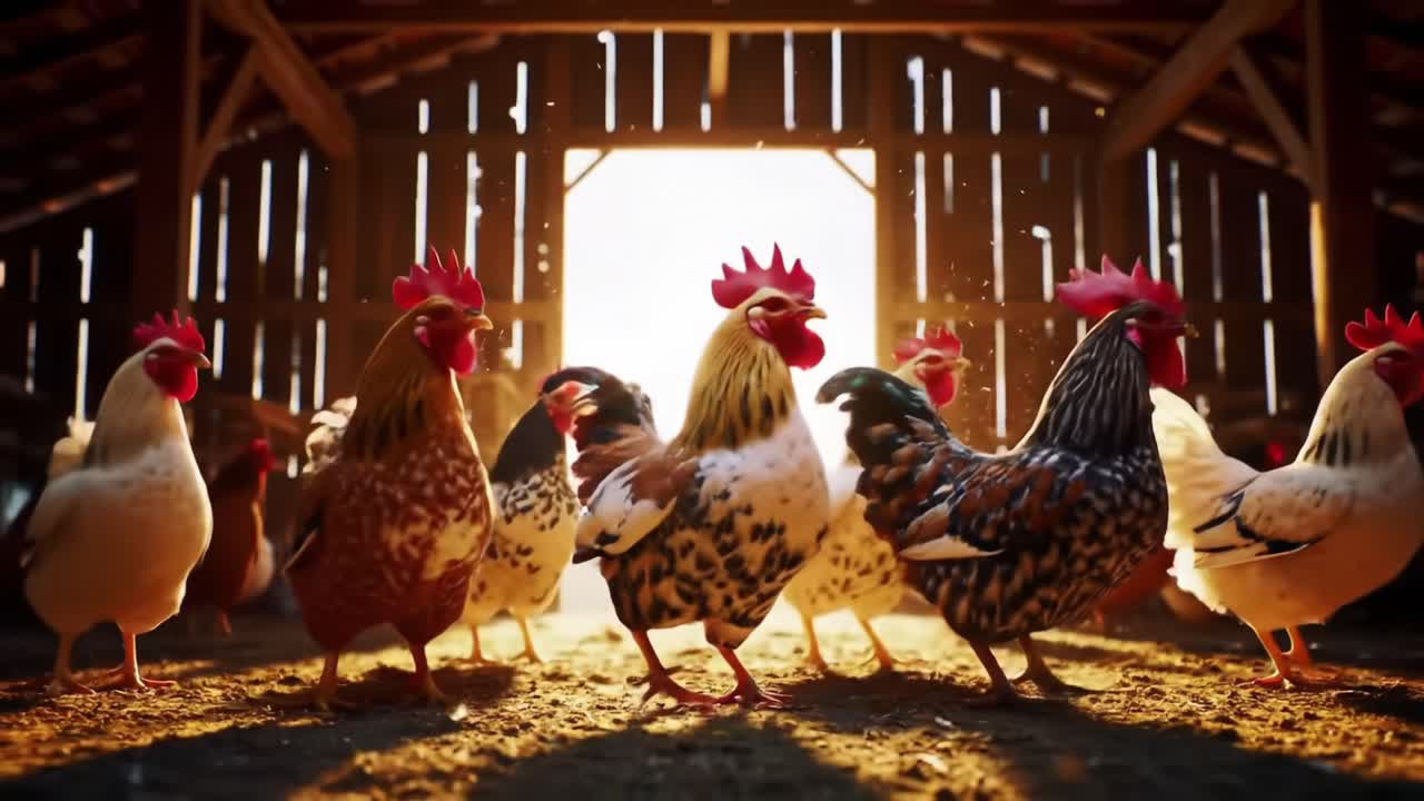 A Vibrant Flock of Chickens Escaping into the Sunrise: Capturing the Beauty and Energy of Farm Life
