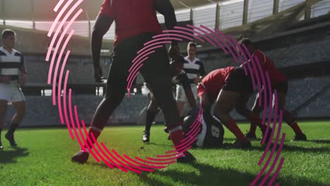 Animation-of-red-line-spiral-rotating-over-male-rugby-players-during-match