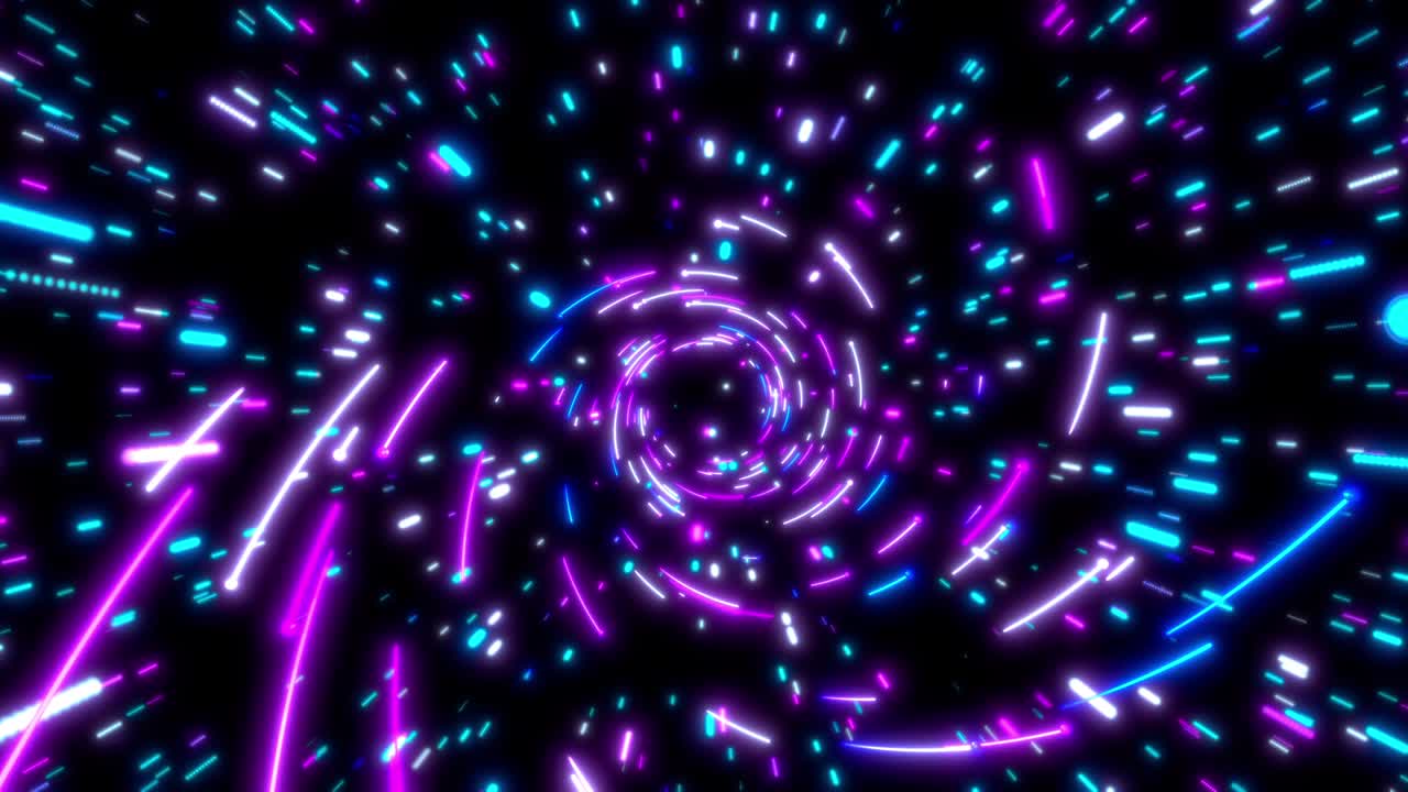 Glowing neon lines tunnel. Blue red pink and violet colorful lighting. Fluorescent ultraviolet lights in the space. Seamless loop 4k background