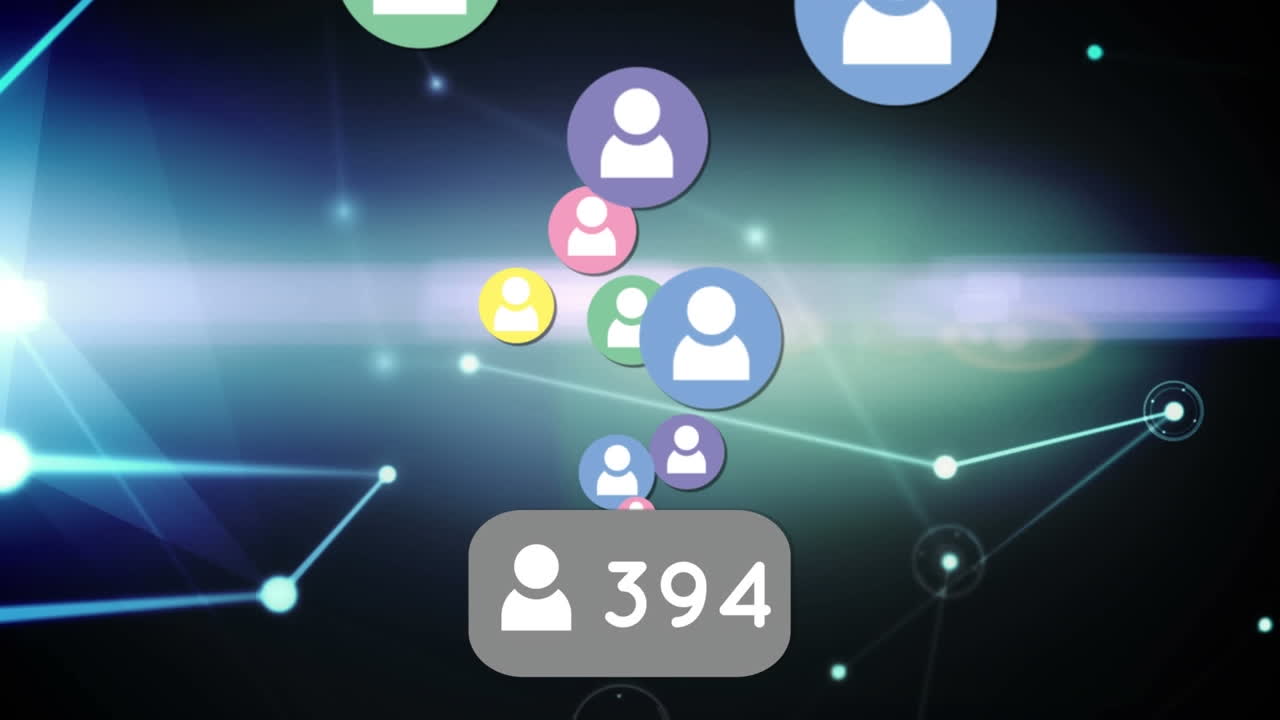 Animation of falling social media icons over network of connections