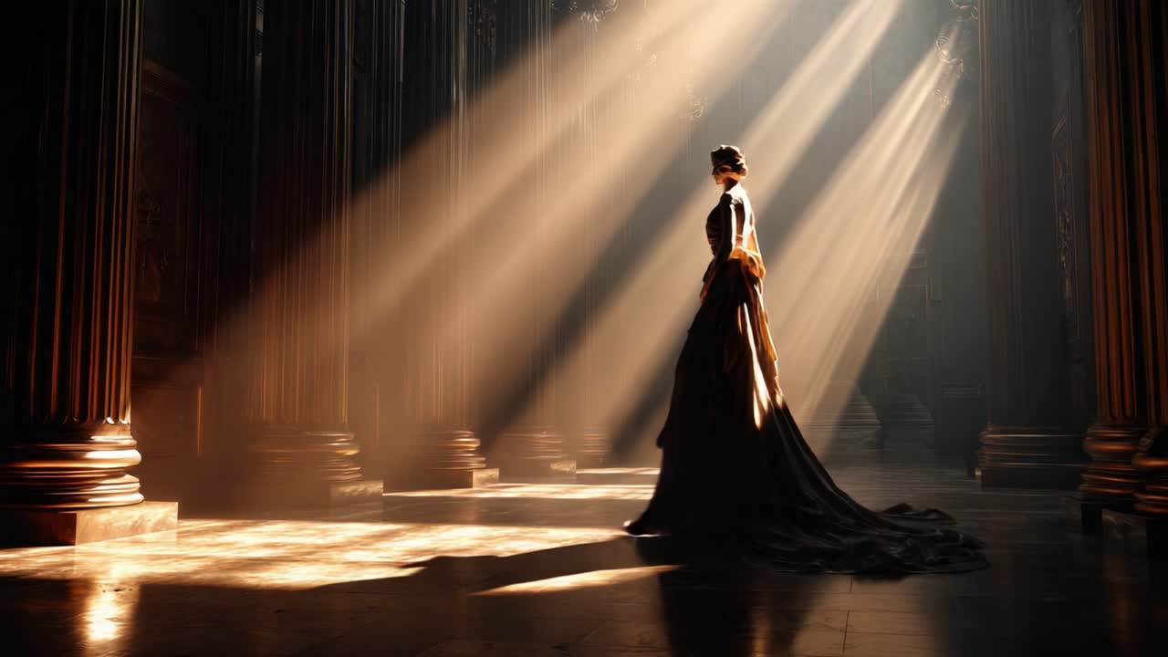 A Mysterious Silhouette: Captivating Light Rays Illuminate an Elegant Figure in a Grand, Historic Space
