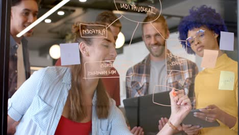 happy diverse creative colleagues brainstorming making notes on glass wall, slow motion