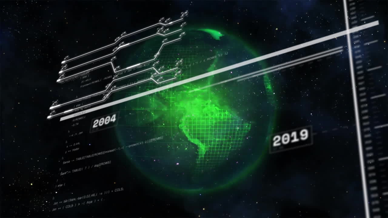 회로판의 애니메이션과 어두운 배경에서 지구상에서 데이터 처리가