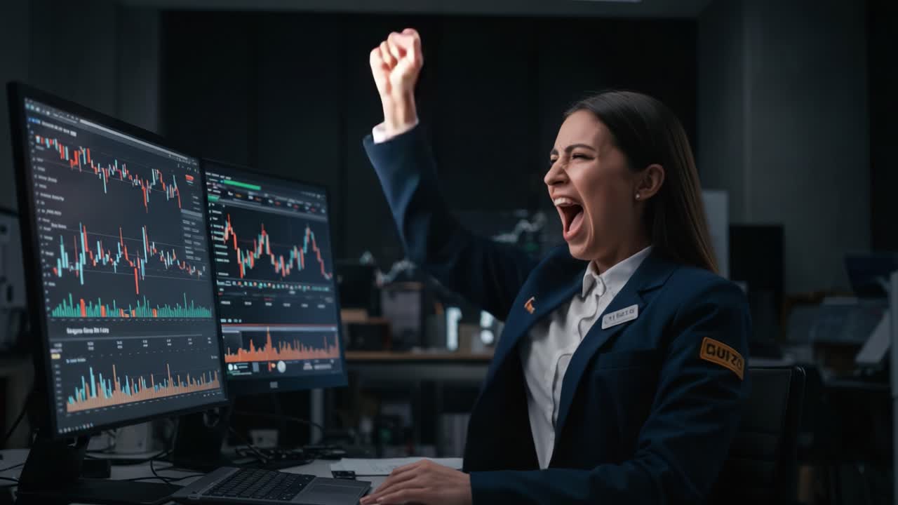 A Young Professional Celebrates a Successful Trade Decision in a Financial Trading Environment, Expressing Excitement with Fists Raised and a Joyful Scream