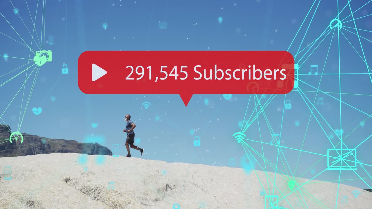 animación de la red de conexiones sobre un hombre afroamericano mayor corriendo en la playa