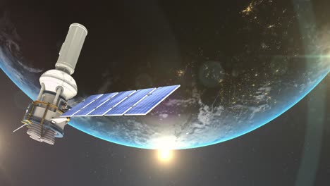 Animation-Eines-Satelliten-über-Dem-Globus,-Der-Sich-Auf-Schwarzem-Hintergrund-Dreht