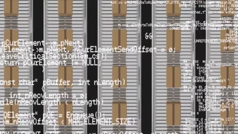 Animation of data processing over cardboard boxes on conveyor belts