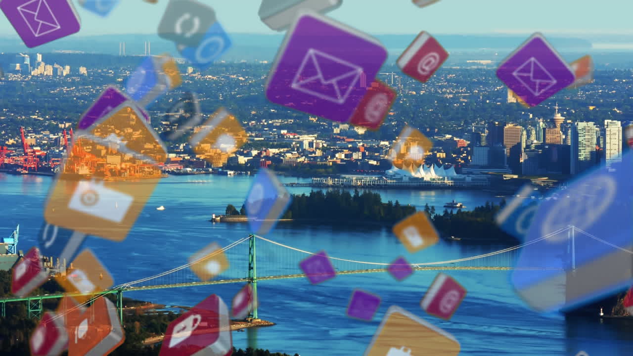 배경 에 도시 풍경 과 함께 떠다니는 다채로운 큐브