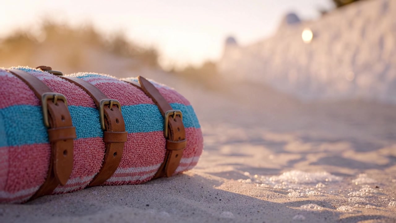 Eine bunte gerollte Stranddecke auf weichem Sand, umgeben von natürlichem Licht bei Sonnenuntergang, perfekt zum Entspannen und Genießen der Schönheit der Natur am Ufer.