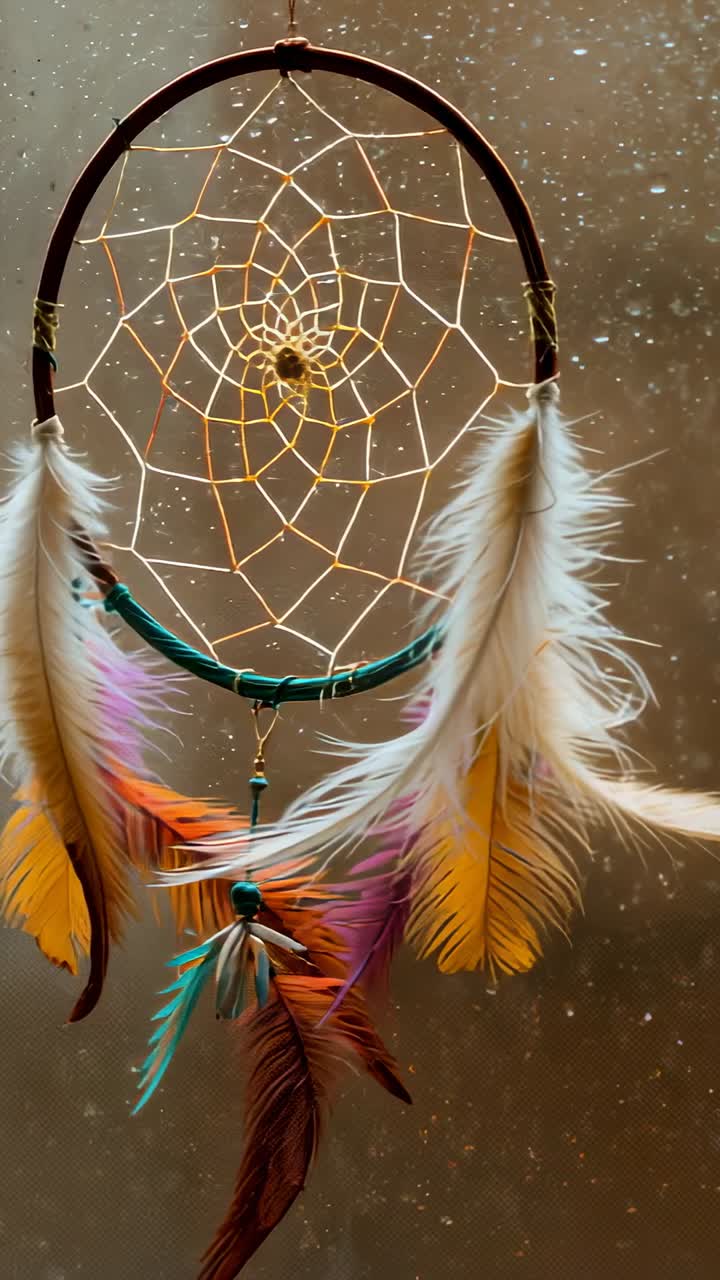 Vertical video: Swaying dreamcatcher in front of wet window from breeze, with feathers fluttering