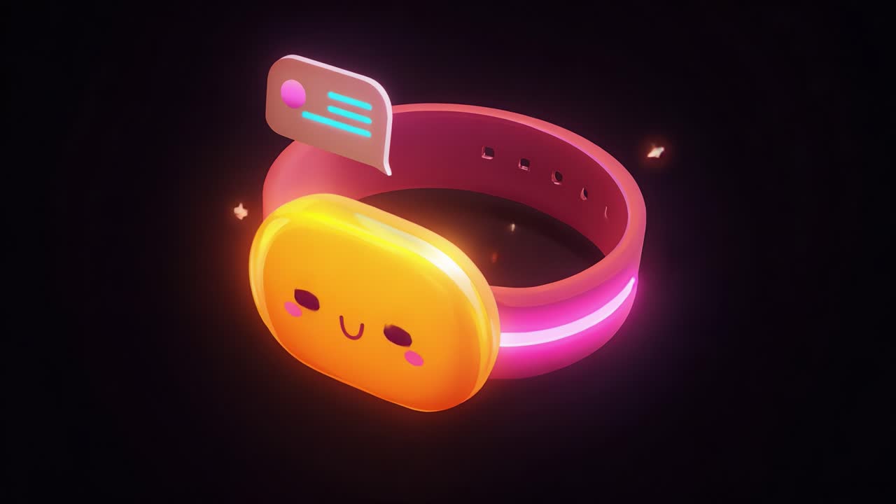 A Vibrant and Playful Smart Bracelet with a Cheerful Face and Speech Bubble, Showcasing Modern Technology and Colorful Design Elements in a Dark Backdrop