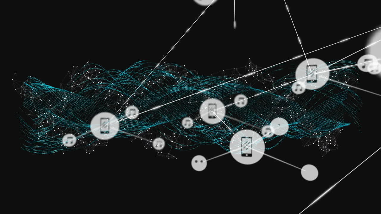 Network of connected devices and data flow animation over digital wave background
