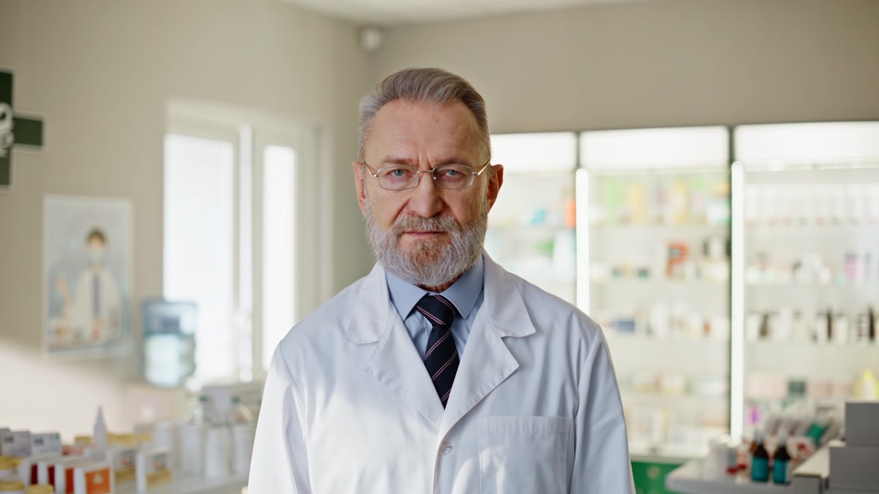 Assistente farmacêutico sênior posando para retrato em farmácia. Homem médico sério.