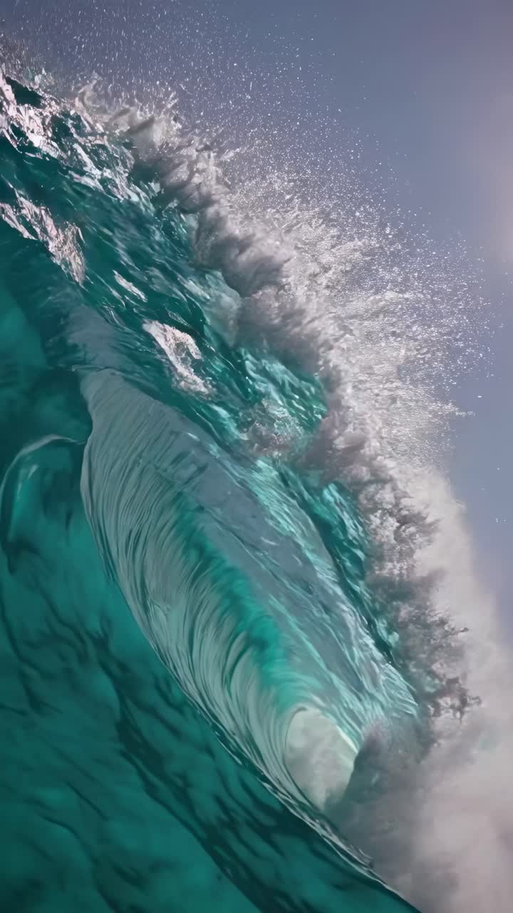 Dynamic underwater video shot capturing a curling wave from below, showcasing vibrant teal hues