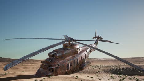 old-rusted-military-helicopter-in-the-desert-at-sunset