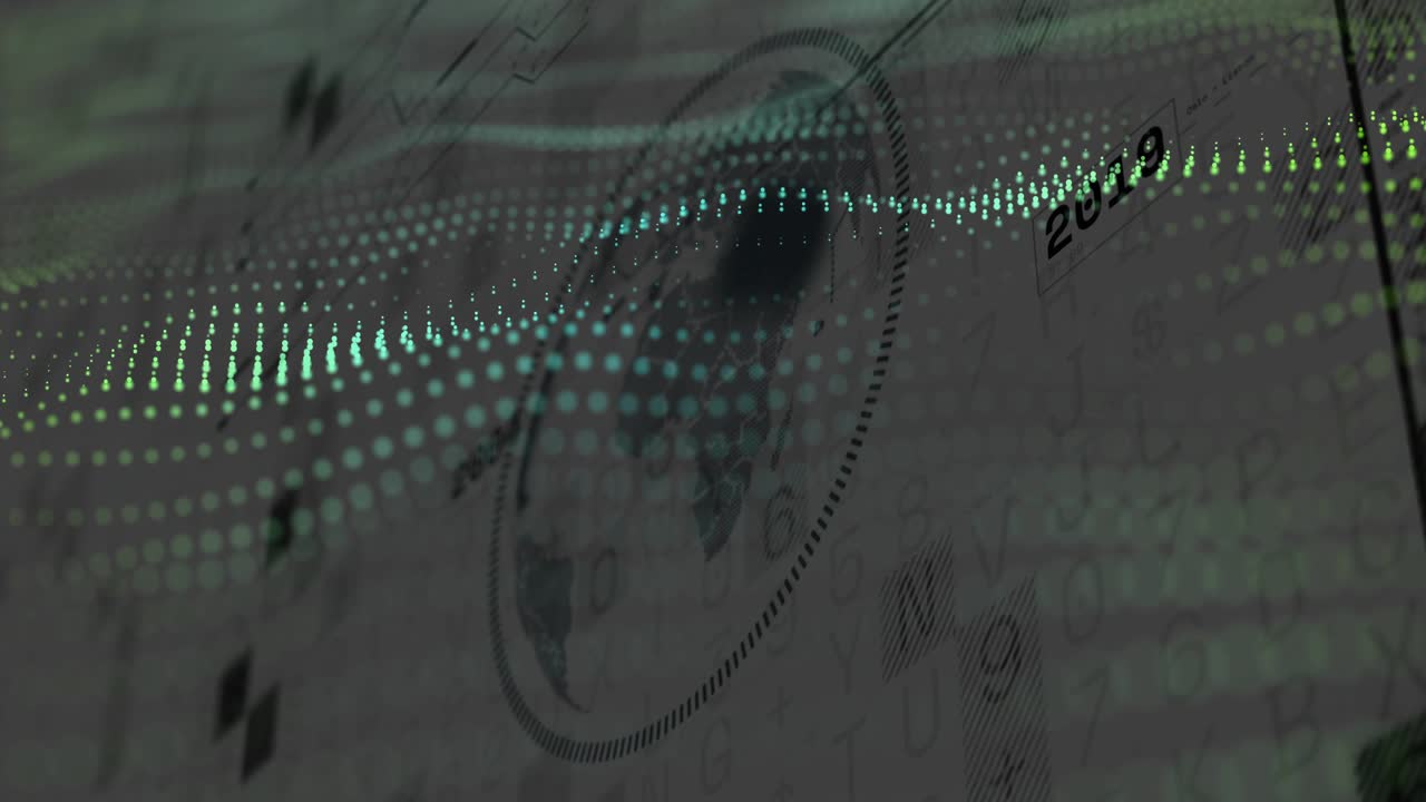 Opening grid data points emerging forming wave pulsing circle tracking year labels showing trend