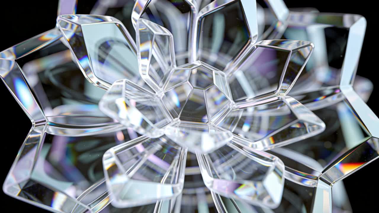 Rotating camera circling faceted crystal on dark backdrop, revealing layered facets and core