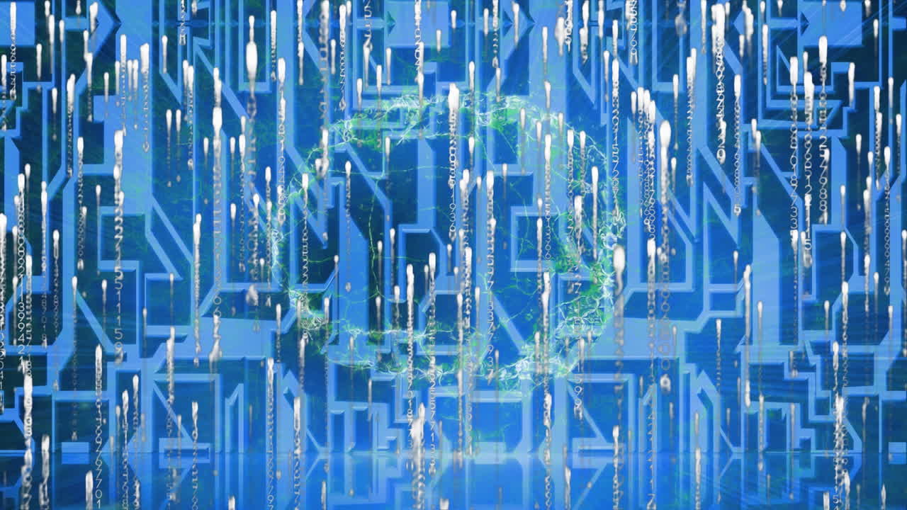 검은색 배경의 파란색 모양 위에 데이터 처리와 디지털 인간 뇌의 애니메이션