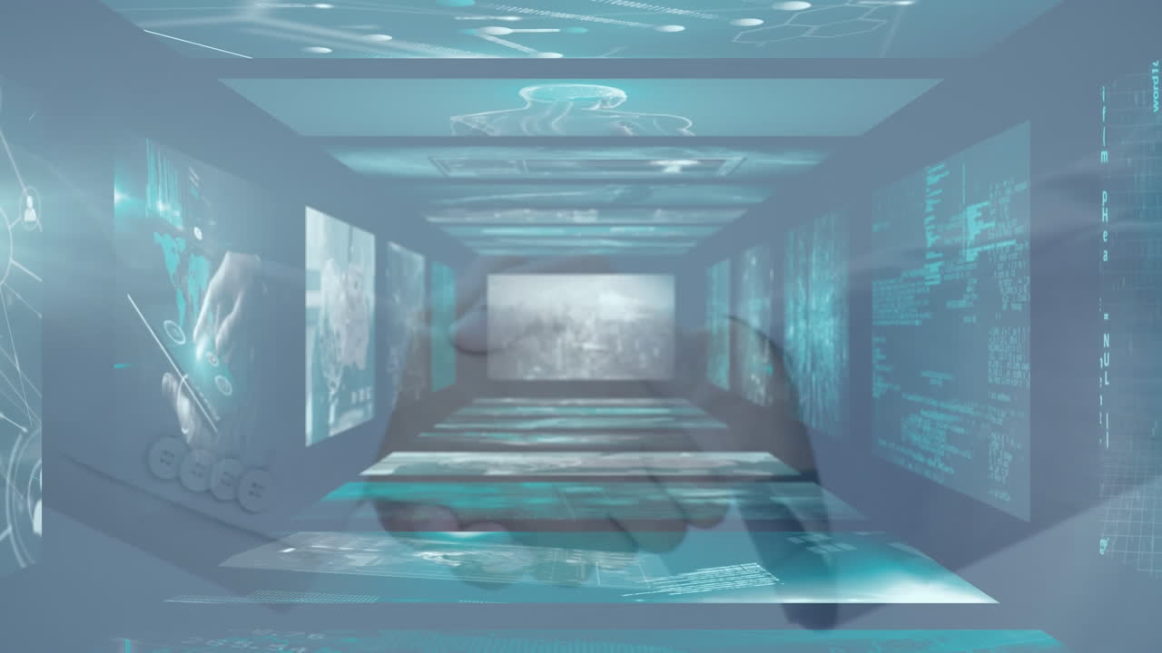 비즈니스맨의 손짓을 통해 데이터 처리를 하는 화면의 애니메이션