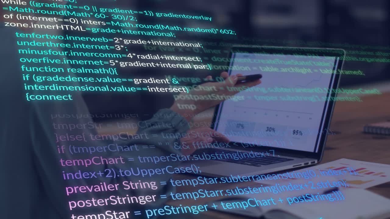 Working woman in teal blouse tapping phone, using laptop, moving papers at desk with code overlay