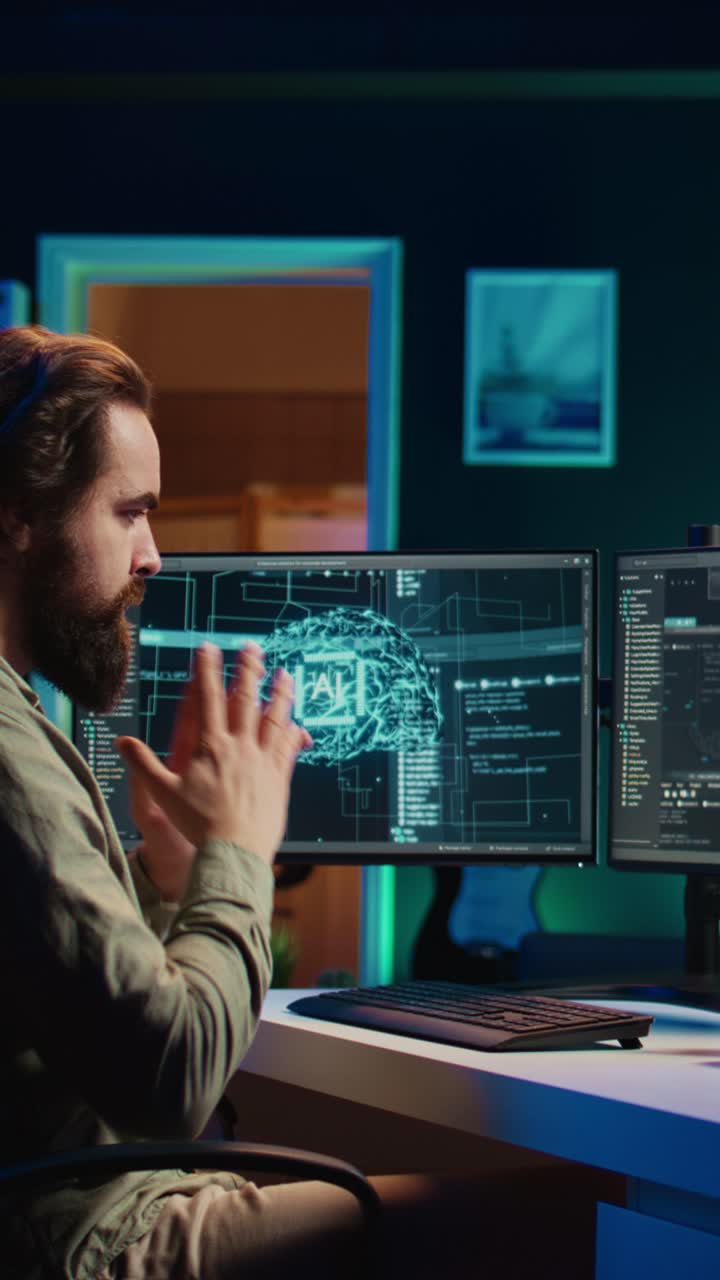 Focused Man Coding Artificial Intelligence on Multiple Screens at Night