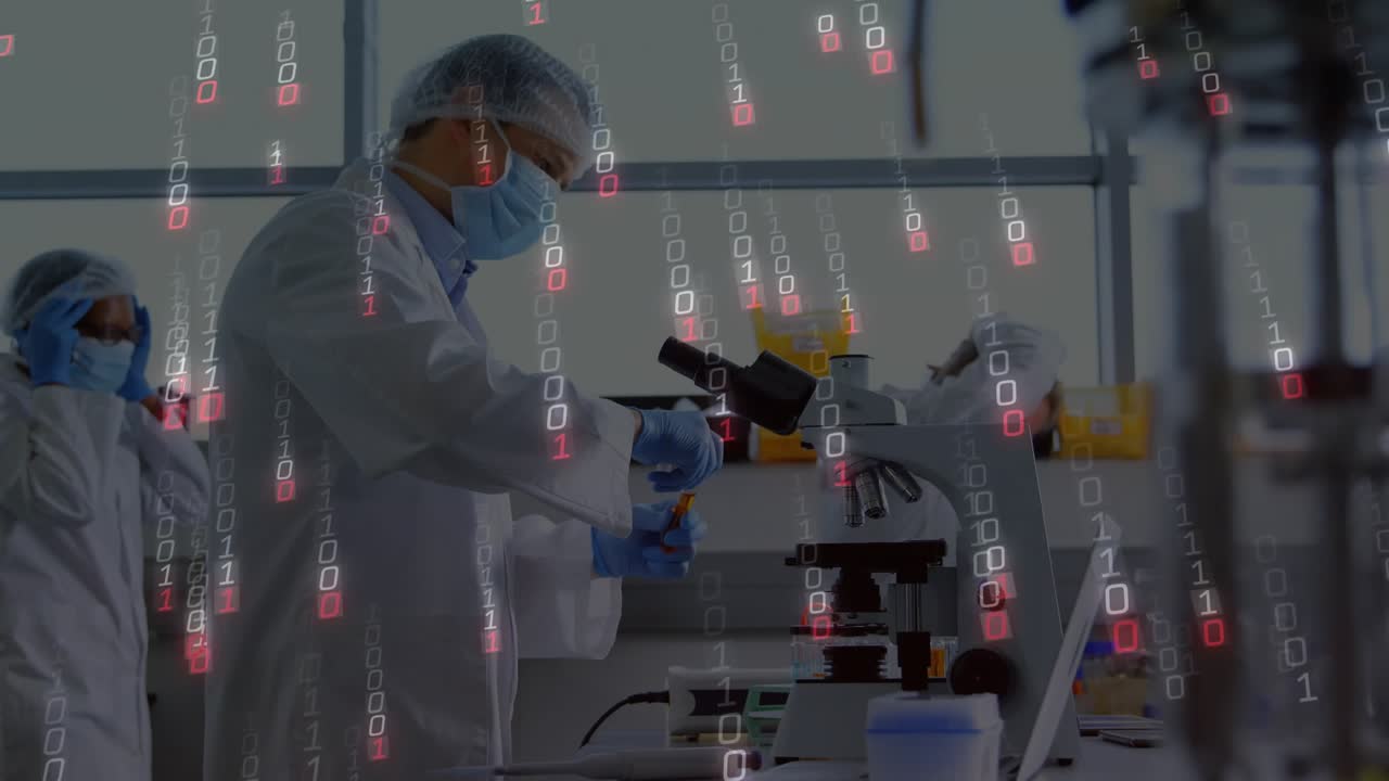 male scientist picking vial in lab triggers binary overlay while preparing slide for analysis