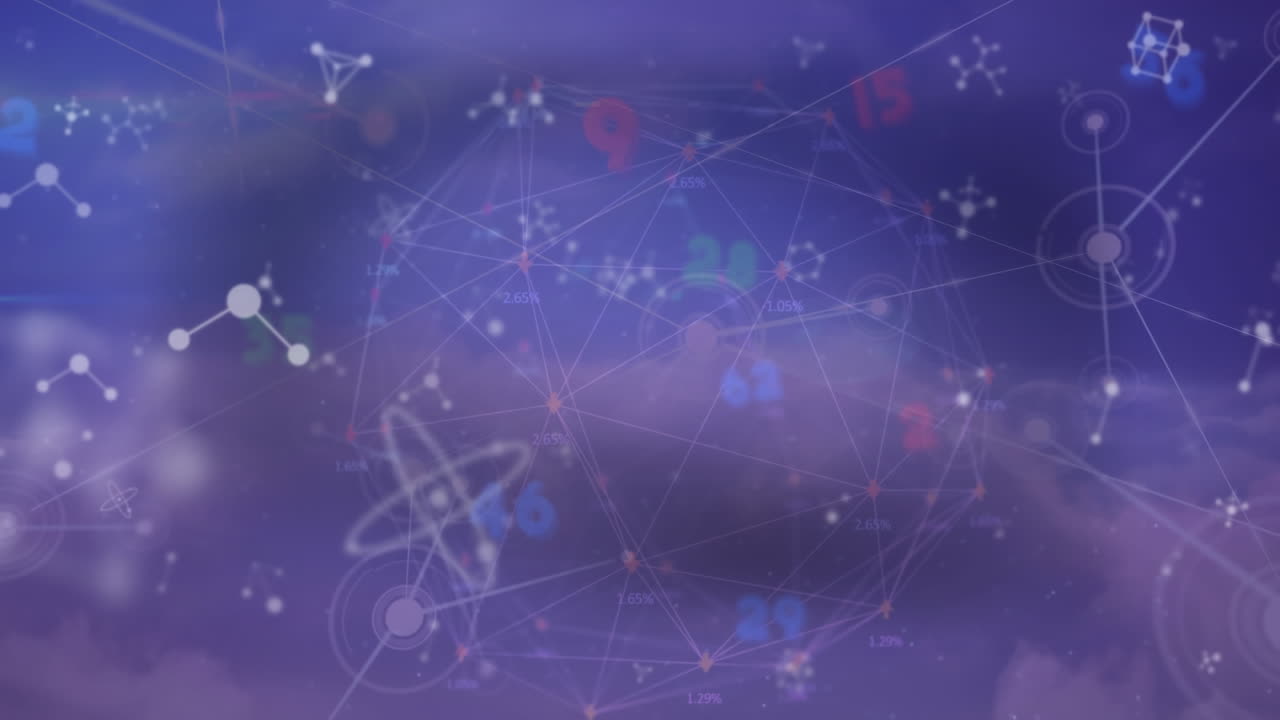 Animation of data processing over network of connections on purple background