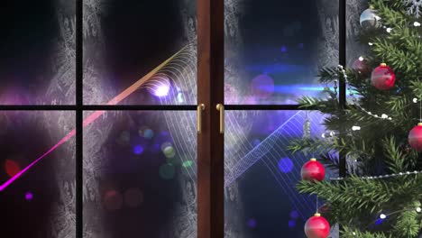 Christmas-tree-and-wooden-window-frame-against-digital-wave-and-spots-of-light-on-black-background