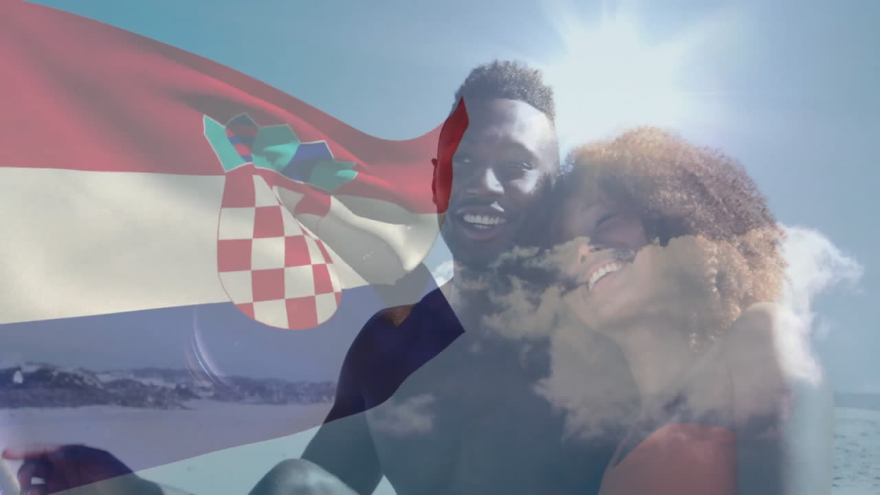 Smiling couple on beach with Croatian flag animation and bright sun overhead