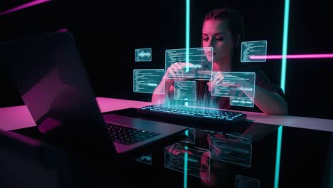 engaged in a futuristic coding session: a young woman interactively manipulates holographic displays while programming on a sleek laptop in a neon environment