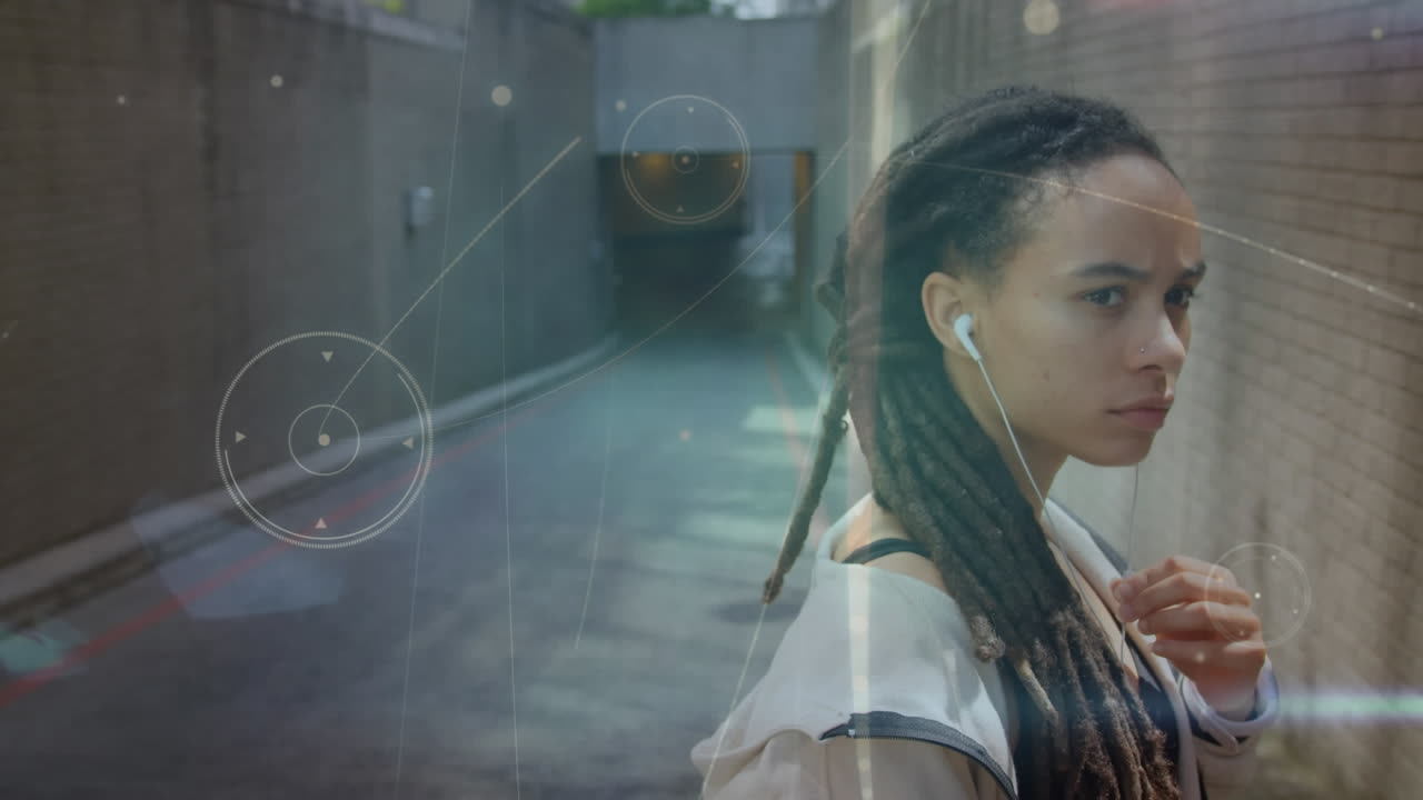 Animation of network of connections over fit woman wearing earphones