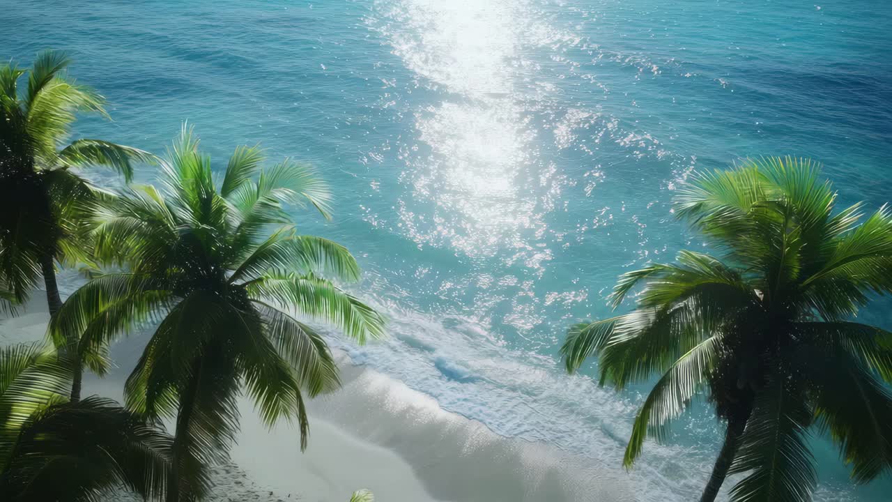 Vista aérea de uma praia tropical com palmeiras exuberantes e ondas cintilantes do oceano, perfeita para um momento de serenidade