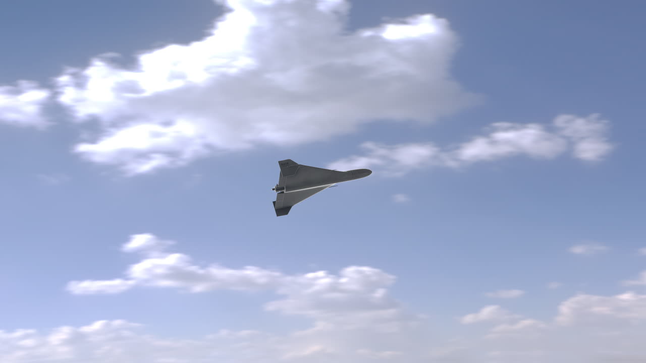 Drone Shahed 136 Kamikaze voando em direção a um alvo, com um fundo de céu azul e nuvens. Animação 3D detalhada em close-up. VANT (Veículo Aéreo Não Tripulado). Guerra aérea de tecnologia moderna. Aeronave de combate.